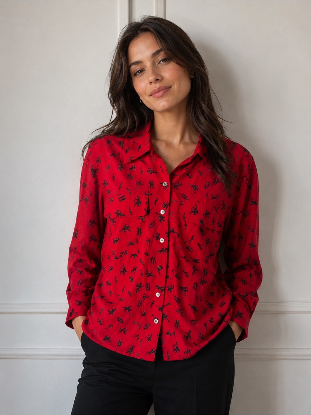 Vintage Dana Buchman 100% Silk Red Abstract Print Blouse Size 8 Y2K Chic